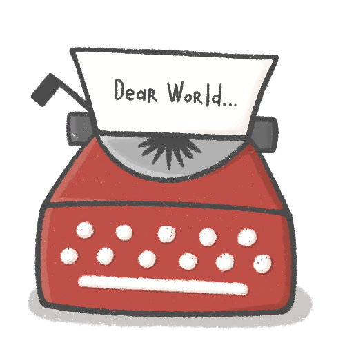 A red typewriter, hand drawn by Kris Windley, with the words, “Dear World” on the paper in the typewriter
